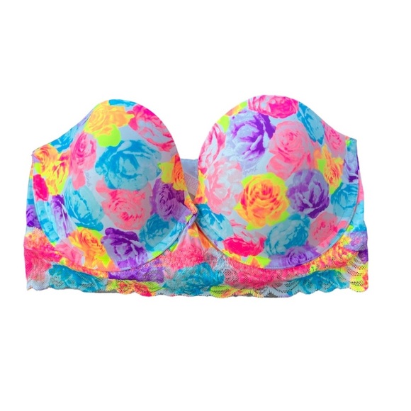 Pink Victoria’s Secret Push Up Bustier with Roses and Lace Underwire Bra 34D - Picture 8 of 8